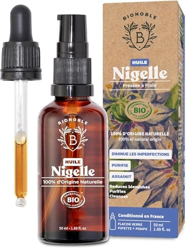 BIONOBLE Huile de Nigelle Bio Pure - Pressée à Froid, 100% d'Origine Naturelle, Sans Hexane - Anti-Acné, Purifie - Visage, Corps, Cheveux - Vegan Black Seed Oil - Flacon Verre, Pipette, Pompe - 50ml