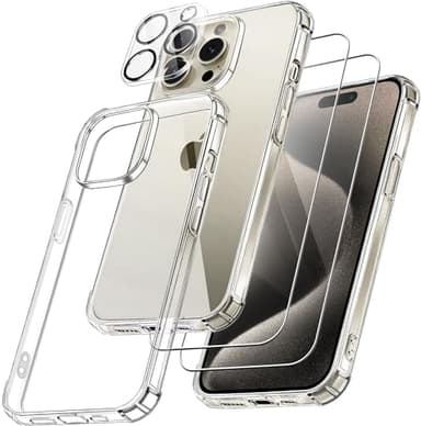 FLLAO 4 en 1 Coque pour iPhone 15 Pro Max avec 2 Verre Trempé et 1 Caméra Protecteur, [Coussin d'air Intégré] Antichoc Antirayures Bumper Protection Housse pour iPhone 15 Pro Max 6.7", Transparent