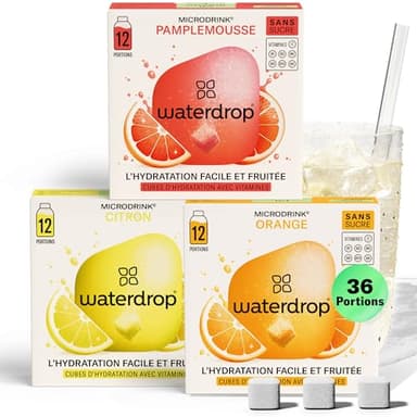 waterdrop® Coffret Microdrink, Orange, Citron et Pamplemousse, 36 boisson en cube effervescente sans sucre pour aromatiser l'eau, Extraits de fruits et de plantes, Eau Aromatisée infusion à froid
