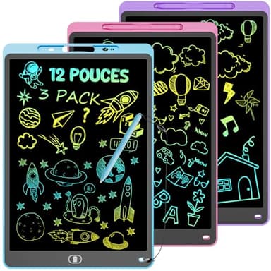 Tablette d'écriture LCD 12 Pouces [Lot de 3] - Ardoise Magique Enfant, Tablette Dessin Enfant avec Écran Sensible Pression & Couleurs Arc-en-Ciel - Cadeau Éducatif pour Fille Garçon