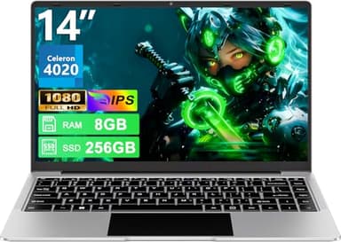 Ordinateur PC Portable 14 Pouces 8+256Go Win11 Celeron N4020 Support 1 To SSD Expansion 2.4G+5G WiFi Bluetooth 4.2 USB HDMI 1920 x 1080 FHD avec souris sans fil & Membrane de clavier AZERTY - Argent-1