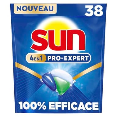 Sun - Pro Expert - Pastilles Lave Vaisselle - Action 4 en 1 - Regular - Elimine 100% des taches brûlées de +72h - dégraissent en Profondeur - 38 Capsules