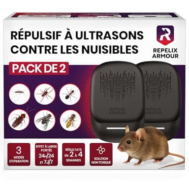 Repelix Armour Répulsif À Ultrasons Contre Les Nuisibles pour Intérieur – Pack De 2 – Couvre 140m² par Appareil – 3 Modes – Repousse Souris, Rats, Araignées, Moustiques, Fourmis, Insectes & Mouches