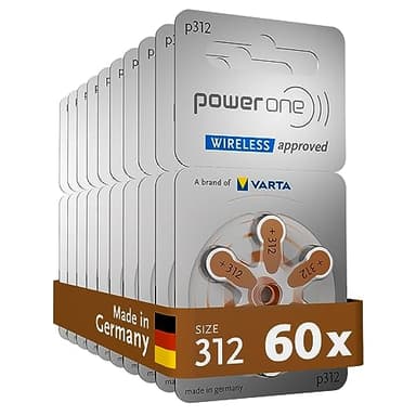 VARTA Power one Piles auditives type 312, brun, lot de 60, batteries pour Amplificateur Appareil Auditif, pour Aide Auditive, Made in Germany