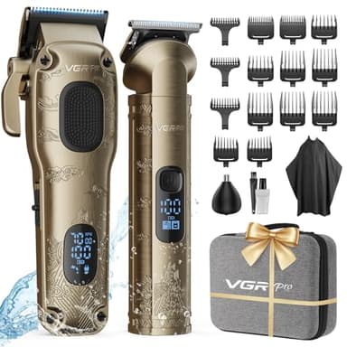 Vgrpro Tondeuse Cheveux Hommes Professionnelle, Tondeuse Cheveux Sans Fil pour Coupe de Cheveux, Kit Tondeuse et T-lames Trimmer Homme, Tondeuse Électrique pour Homme avec Boîte d'Emballage(Gloden)