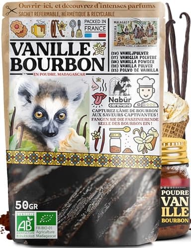 Nabür - 50 gr Poudre de Vanille Bourbon BIO de Madagascar, Vanille Moulue Non Epuisée, Non Sucrée, Sans additifs (50 gr)