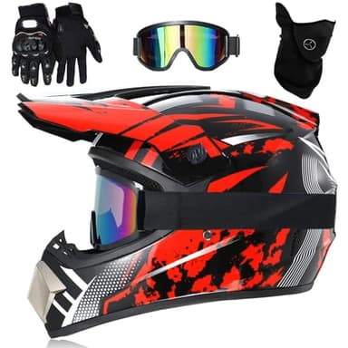 Casque IntéGral VTT/Cross, Casque de Moto Tout-Terrain DOT Pour Jeunes Enfants, Avec Lunettes, Gants Et Masque, Casque de Descente, Bmx, Quad, Dirt Bike(Dark red,S(52-53cm))