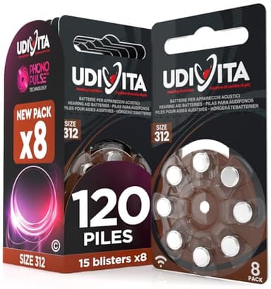 120 Piles Auditives Taille 312 Udivita PR41 (Marron) Zinc-Air Hearing Evolution - 15 Blisters de 8 Piles