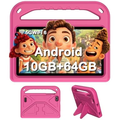 DMOAO Tablette 7 Pouces, Tablette Android 14 avec 5G Wi-FI 6, 10Go RAM+64Go ROM(TF 1To), Tablette Tactile Octa-Core, Widevine L1, 3500mAh, Contrôle Parental Tablette avec EVA Cas,Rose