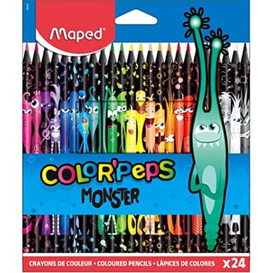Maped - Crayons de Couleur Color’Peps Monster - 24 Unités - Pour Coloriage et Dessin - Couleurs Vives, Mine Résistante, Ergonomie Parfaite