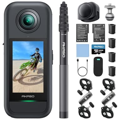 AKASO 360 Kit Moto pour Caméra d'action, Camera Sport à 360° avec Carte Mémoire 128 Go, 5.7K 360 Vidéo, 72MP Photo, SuperSmooth, 2.29" Écran Tactile, Effet Selfie Stick Invisible, Horizon 360° Lock
