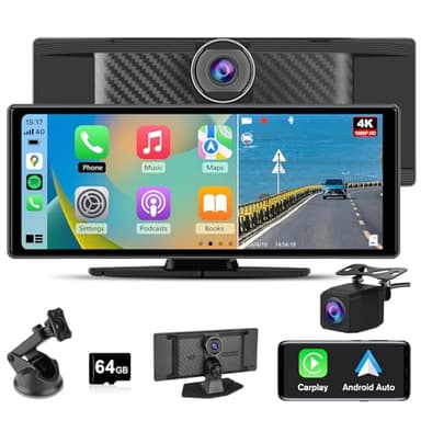 Hexinex Écran Carplay Voiture & Android Auto,Stéréo Carplay avec Dashcam Avant 4K, Caméra Arrière 1080P Inclus, 10,26 Pouces Écran Tactile Commande Vocale, BT/GPS/FM/AUX/Carte TF 64G