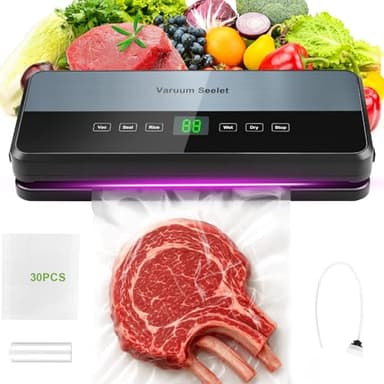 Machine Sous Vide Alimentaire 6 en 1, Sous Videuse Alimentaire pour le Mode Sec/Moist Avec Tuyau D'aspiration D'air, Coupeur Intégré et Rangement du Sac, 1 Rouleau de Sacs, 30 Sacs