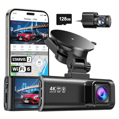 REDTIGER 4K Dashcam Voiture,STARVIS 2,Écran IPS 3,18 Pouces,Carte 128 Go Incluse, WiFi 5,8 GHz,GPS,Vision Nocturne,Grand Angle 170° WDR,Moniteur de Stationnement,Prend en Charge Jusqu'à 256 Go (F7NP)