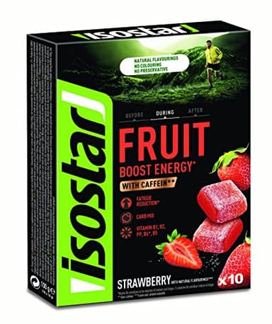 ISOSTAR – Energy Fruit Boost – Pâtes de Fruits Sport saveur Fraise – Réduction Fatigue – Avec Caféine – Arôme Naturel – Sans Colorant – Sans Conservateur – 1 Boîte de 10 Carrés (10 x 10 g)