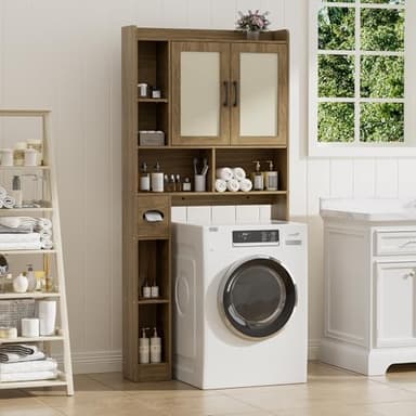 BonVache Armoire de machine à laver avec 2 portes, étagères réglables, étagère de machine à laver avec compartiment latéral pour serviettes en papier et 6 compartiments ouverts, pour salle de bain