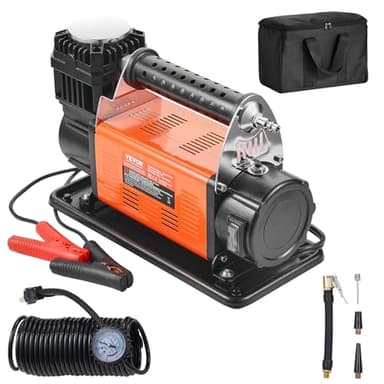 VEVOR Compresseur d'air Robuste 12 V, gonfleur de pneus Portable 200 L/Min, kit gonflage pneus 10,3 Bar, Pompe à air Tout-Terrain avec adaptateurs, manomètre, pour camions, Voitures, SUV, Camping-Car