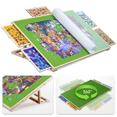 Tektalk Planche de puzzle 2 en 1 inclinable et rotative avec 5 tiroirs colorés, table de puzzle portable pour adultes, plateau de puzzle pivotant en bois avec Lazy Susan et couvercle, jusqu'à 1500