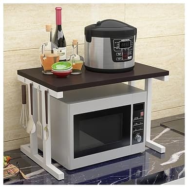Support à micro-ondes à 2 niveaux avec étagère pour imprimante - Économie d'espace - Pour four à micro-ondes et plus encore - Construction robuste en métal et bois - Design moderne