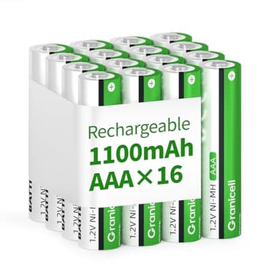 Granicell Lot de 16 piles rechargeables AAA - 1100 mAh - Haute capacité - 1500 cycles - 1,2 V NiMH - Faible auto-décharge