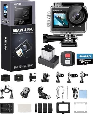 AKASO Brave 4 Pro Camera Sport 4K 40M avec Carte Mémoire microSDXC 128 Go, 20MP WiFi Action Caméra sous-Marine EIS Stabilisateur avec Écran Tactile Grand Angle 170° 5X Zoom Kit d'Accessoires