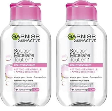 GARNIER Skin Active - Solution Micellaire Tout En 1 - Nettoie, Démaquille, Apaise - Micelles Et Glycérine Végétale - Sans Parfum - Vegan & Cruelty Free - Visage, Yeux, Lèvres - Peau Sensible - 100 ml