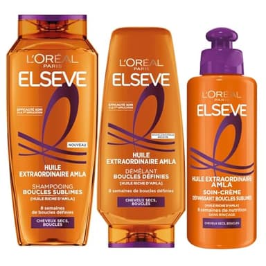 L'Oréal Paris - Routine Nutrition Cheveux Bouclés et Très Secs - Boucles Nourries - Enrichie en Huile d'Amla - 3 Produits - Shampooing, Démêlant, Soin-Crème Définissant - Elsève Huile Extraordinaire
