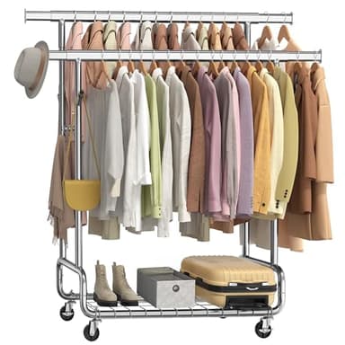 SONGMICS Portant à Vêtements, Portemanteau, sur Roulettes, 2 Tringles Extensibles, Hauteur Réglable, avec Étagère de Rangement, Crochets, Argent HSR015E01