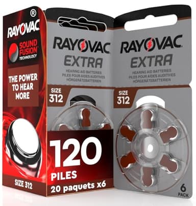 120 Piles pour Appareils Auditifs Rayovac Extra Size Technologie Suond Fusion 312-20 Plaquettes de 6 Piles