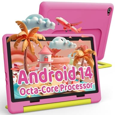Ainmel Kids Tablette Android 14 pour Enfants, processeur Octa-Core, 14 Go + 64 Go, 5000 mAh, contrôle Parental, WiFi 6, Bluetooth 5.3, boîtier sécurisé pour Les Enfants (Rose)