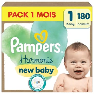 Pampers Harmonie, Taille 1, 180 Couches, 2-5kg, Protection Douce Pour La Peau Avec 100% D’Absorption Pampers, Pack 1 Mois