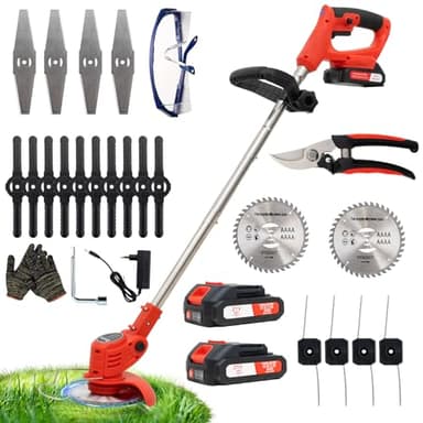 Debroussailleuse Electrique sans Fil, Débroussailleuse à Gazon Pliable avec 2 Batteries et 4 Types de Lames, Poignée réglable, Coupe Bordures pour la Coupe de Jardin, Pelouses et Terres Agricoles