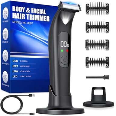 Tondeuse Corps Homme, Tondeuse Intime Homme avec Peigne Limite Réglable, Tondeuse Partie Intime Homme avec Lumière et Affichage LED, Éhumide et Sec, Rasoir Intime Homme pour Aisselles, Aines, Jambes