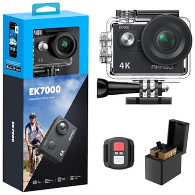 AKASO Caméra Sport 4K 30fps 20MP WiFi Caméra d'action 170° Grand Angle, Télécommande 2.4 G, Caméra Étanche 30M et 2 Batteries, Stabilisation- EK7000