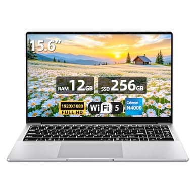Tunhail Ordinateur Portable 15,6", Celeron N4000 Portable, Laptop 12Go DDR4 RAM 256Go SSD, PC Portable Ordinateur 1920 * 1080 FHD IPS WiFi5/Mini-HDMI/USB3.0/BT4.2/Webcan, Carte TF Développer to 1To