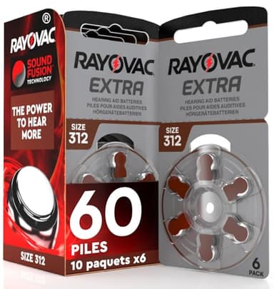 60 Piles pour Appareils Auditifs Rayovac Extra Size Technologie Suond Fusion 312-10 Plaquettes de 6 Piles