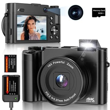 Appareil Photo Numérique 64MP 4K Appareil Photo Compact avec Double Lentilles, Zoom 16X, Écran IPS 3", Fonction Vlog, Webcam, Carte 32 Go Idéal pour Ados Adulte & Débutants