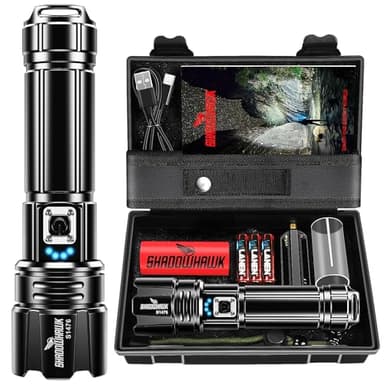 Shadowhawk Lampe Torche LED Ultra Puissante, 1,000,000 Lumens Lampe de Poche Rechargeable avec Batterie 5000mAh, Lampe Tactique XHP70.2, IP67 Étanche 5 Modes D'éclairage pour Camping Randonnée Urgence
