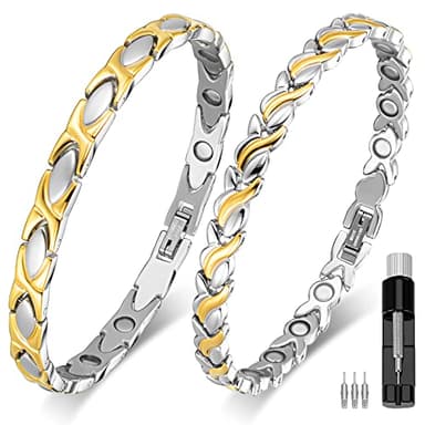 2 Bracelets Magnétiques en Acier au Titane Bracelets avec Aimants de 3500 Gauss Ultra Puissants Bracelet à Maillons Soigné en Argent et Or pour Femme avec Outil de Suppression Ajustement
