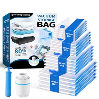 Sac Sous Vide Vetement Aspirateur avec Pompe,20 Pièces Sac Rangement Sous Vide(5XL+5L+5M+3S)-Optimisez l'espace de Votre dressing -Réutilisables pour Literie Vêtements Matelas Couettes Oreillers