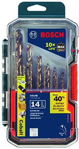 BOSCH CO14B Lot de 14 forets à métaux Cobalt M42 avec étui inclus avec trois tiges plates pour perçage en acier inoxydable, fonte, titane, métal léger, aluminium