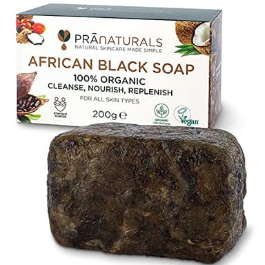 PraNaturals Savon Noir Africain Pur 100% Bio, Ethique et Fabriqué à la Main au Ghana, pour Toutes les Peaux, Détoxifiant et Anti-âge, Hydratant Naturel Pur Végan, Non Traité