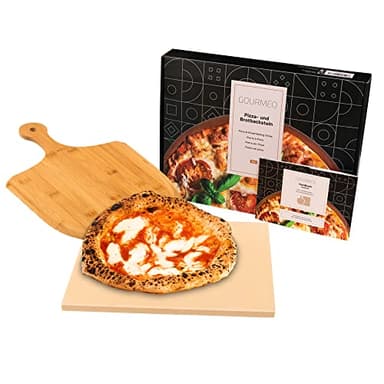 GOURMEO Kit Pierre à Pizza & Pelle en Bamboo - 38x30cm - Pierres a Pizzas en Cordiérite pour Four & Barbecue - Plaque Refractaire Chaleur Homogène & Lavage Facile