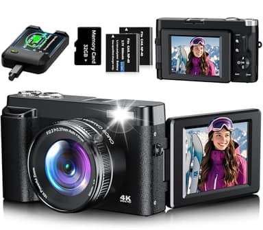 Appareil Photo Numérique 4K, Appareil Photo Compact 48MP avec Zoom 16X, Appareil Photo Compact avec écran Rabattable à 180°avec Autofocus, Carte mémoire 32G, 2 Batteries pour débutants（Noir）