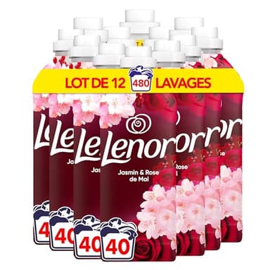 Lenor Adoucissant Linge, 480 Lavages (12x40), Jasmin et Rose de Mai, Collection Bien-être Avec Une Touche d’Huile Essentielle, Formule Fraîcheur Ultra Concentrée, Fabriqué en France