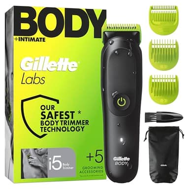 Gillette Labs Body + Intimate Tondeuse Homme i5, Tondeuse Corps Et Zone Intime, Etanche, Dotée De La Technologie SkinFirst, Coffret Homme Avec 3 Sabots Dont Un Pour Peau Sensible