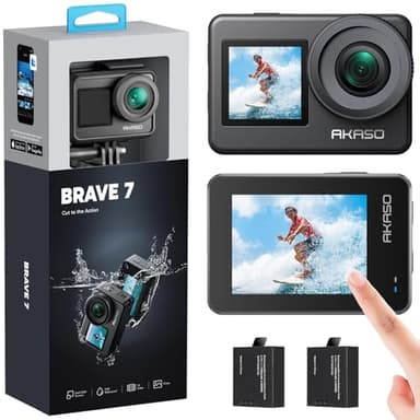 AKASO Caméra Sport 4K 30fps - IPX 8 Etanche Deux Écrans Tactile 20MP Caméra d‘Action, EIS 2.0 Grand Angle Zoom avec Télécommande et 2 Batteries 1350mAh - Brave 7