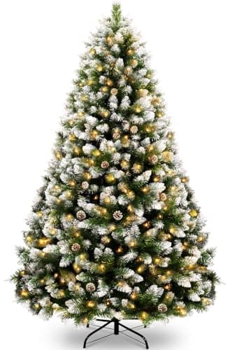 KOIUEYW 180cm Sapin de Noël Artificiel avec Neige et 300 LED - Sapin de Noël avec 856 Pointes et Support en Métal - pour la Maison, Les magasins, Le Bureau, Décoration Noël avec Neige