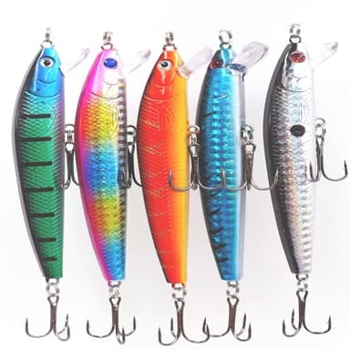 Qtuie Leurres de Pêche Lot de 5 Leurre Peche Bioniques à Couler Lent au Brochet, en Mer pour Bar, Perche, Truite Leurre de Peche pour l'eau Douce et l'eau Salée avec Boîte
