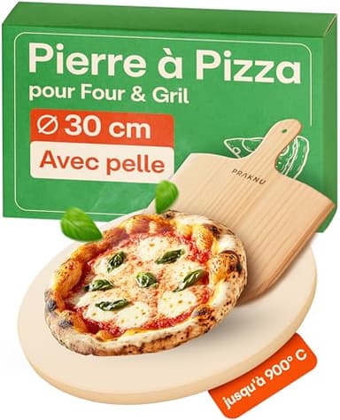 Praknu Pierre a Pizza pour Four - Avec Pelle à Pizza en Bois - Pierre Pizza Ronde en Cordiérite à Four et Barbecue - Pour Pizzas Croustillantes